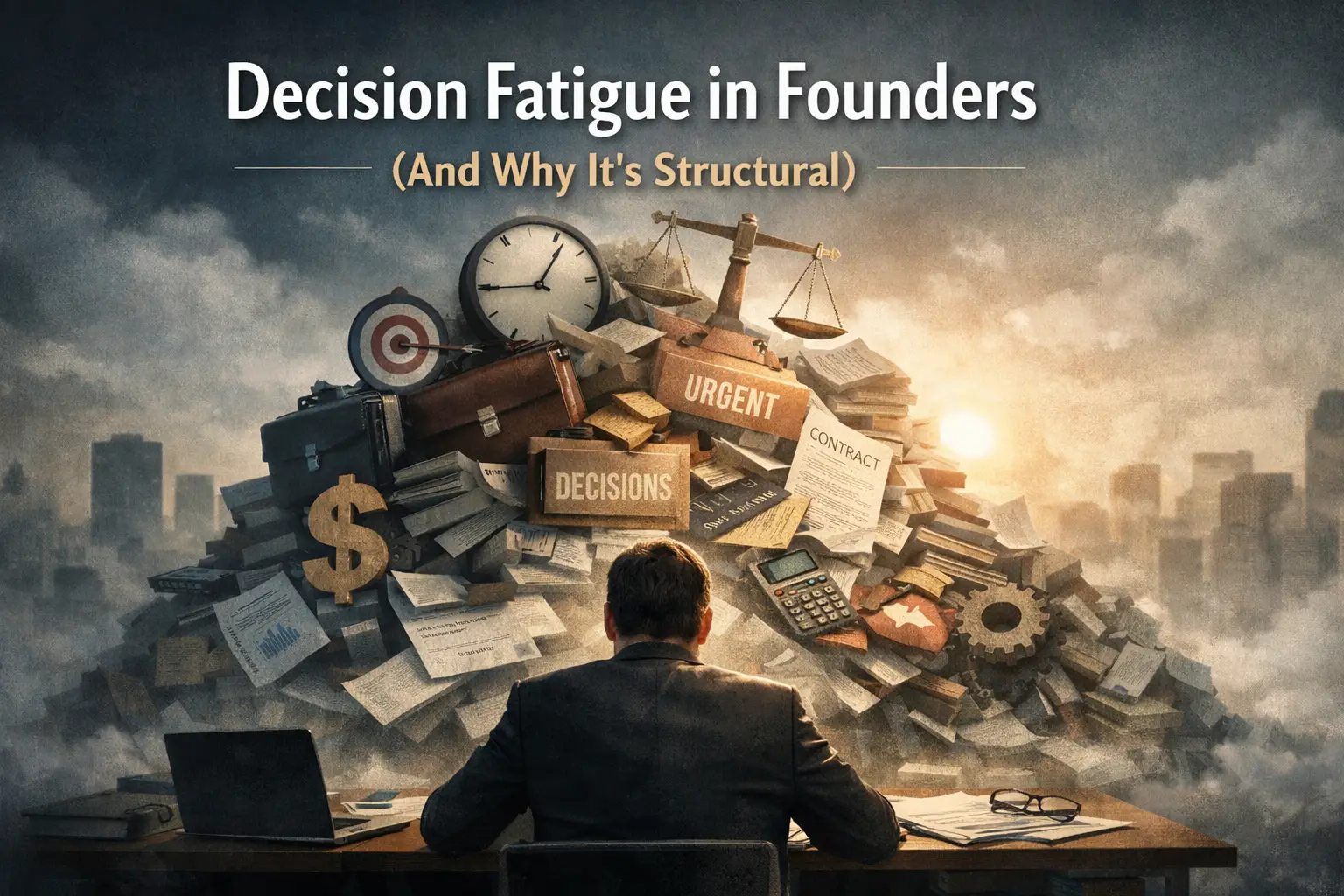 Business owner seated at a desk facing a large pile of documents, financial symbols, contracts, and urgent decisions, illustrating decision fatigue in founders and the weight of scaling business complexity.