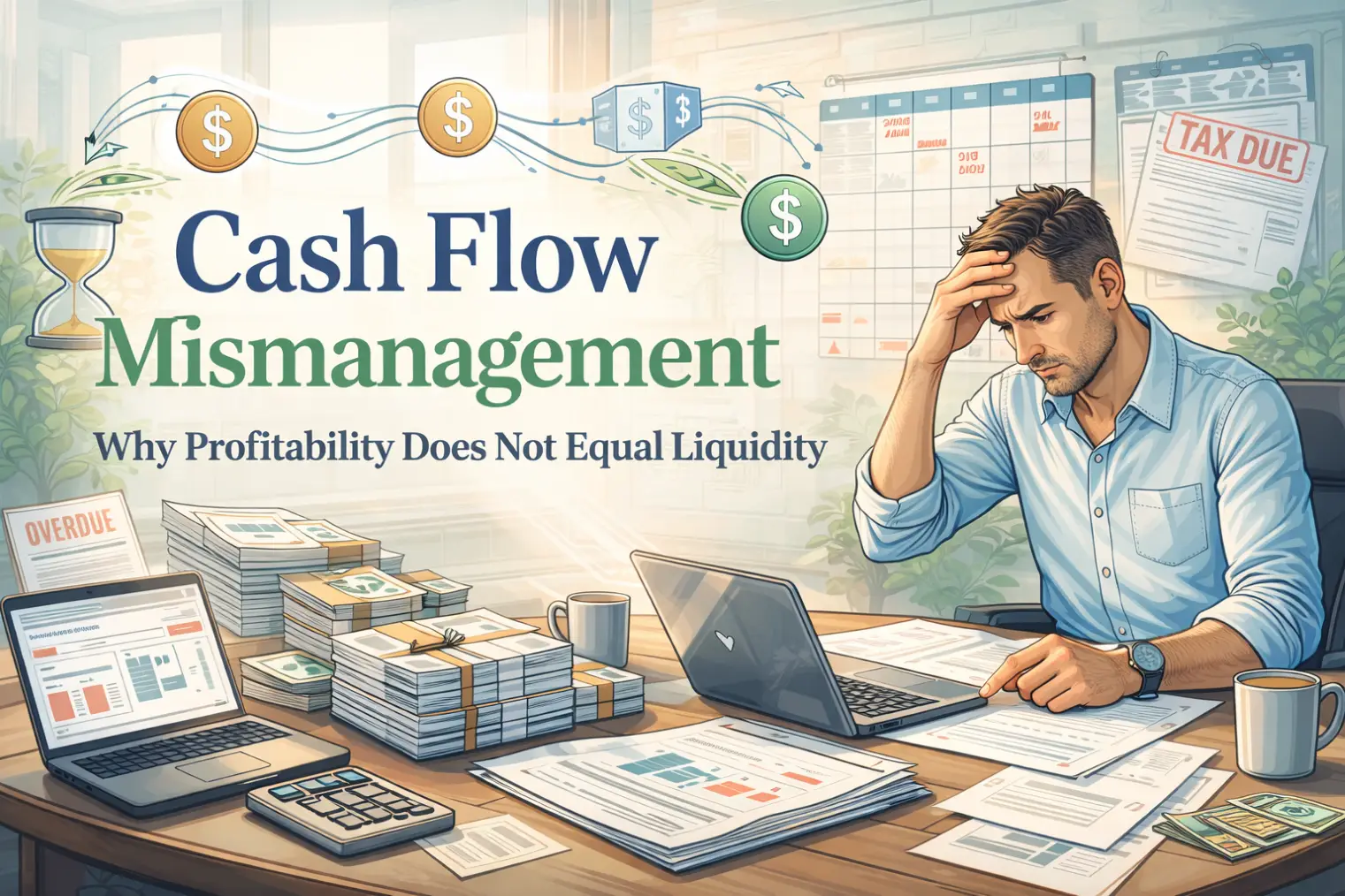 Illustration of a stressed business owner reviewing financial documents at a desk covered with cash stacks, invoices, and reports, with the headline “Cash Flow Mismanagement: Why Profitability Does Not Equal Liquidity” and visual elements highlighting tax due notices and cash flow timing gaps.